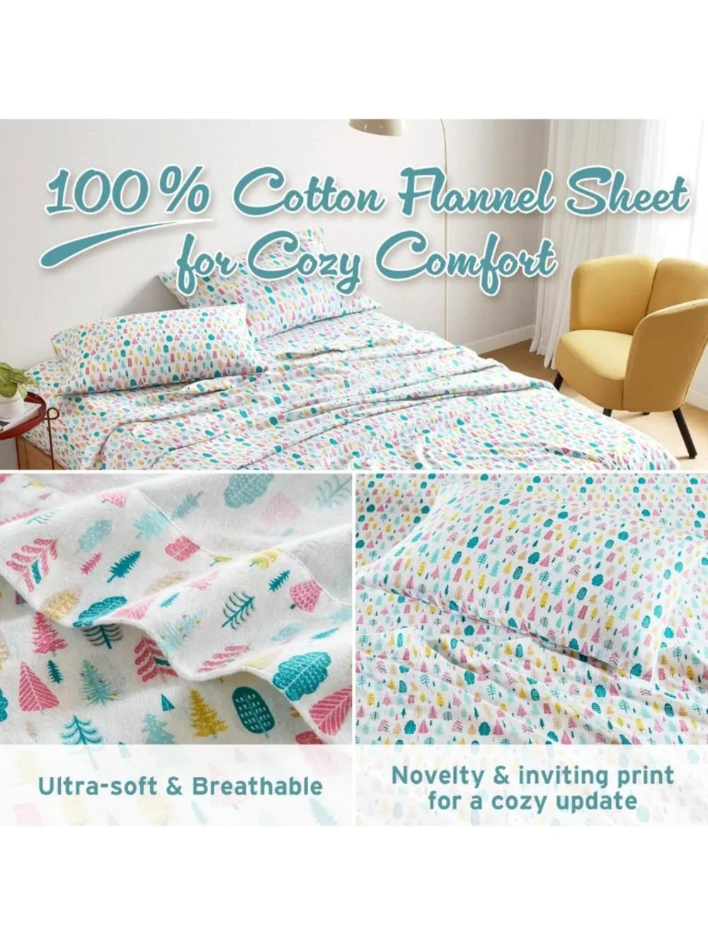 Cozy Soft 100% Cotton Flannel Sheet Set - Festive Holiday Trees, Deep Pocket